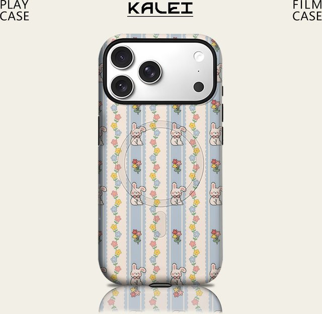 Robuste doppelschichtige Handyhülle von Potdemiel mit hellblauem Streifen-Häschen-Design für iPhone 17, 16, 15, 14, 13 Pro Max Plus inklusive Magnetfunktion - Bild 1