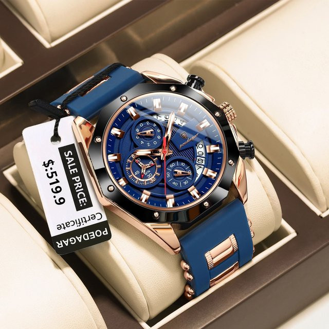 POEDAGAR Armbanduhr Chronograph, Quarz, Silikon, Schwarz, Herren - Bild 1