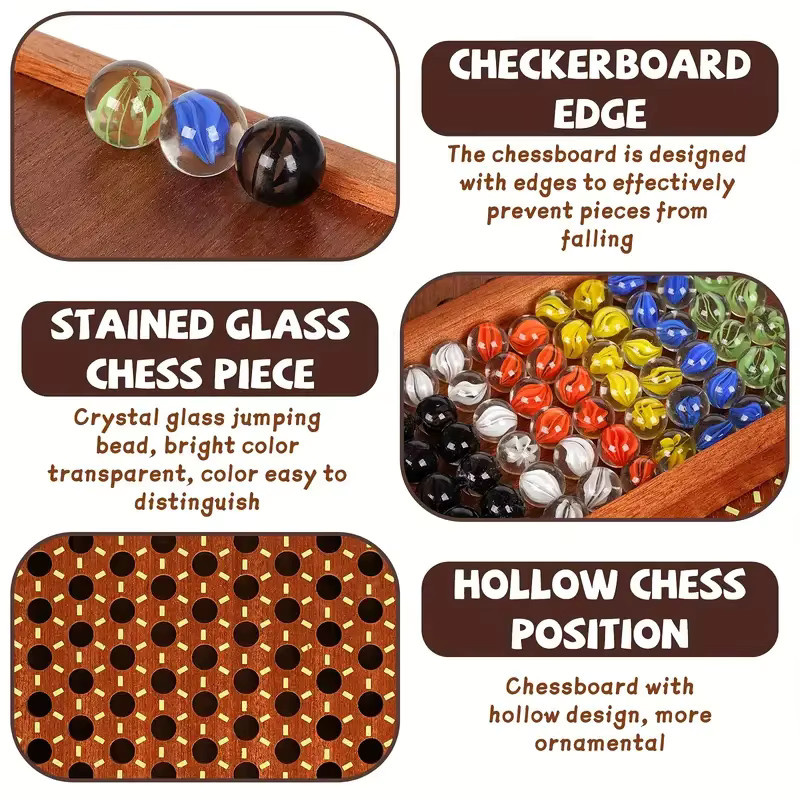 Yernea Schachbrett aus Holz, Brettspiel, 72 Glasmurmeln - Bild 4