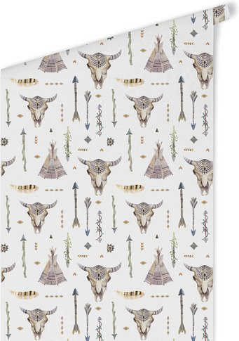 K&L Wall Art Vliestapete Kinder Tipi Indianer Stier, mehrfarbig, matt - Bild 1