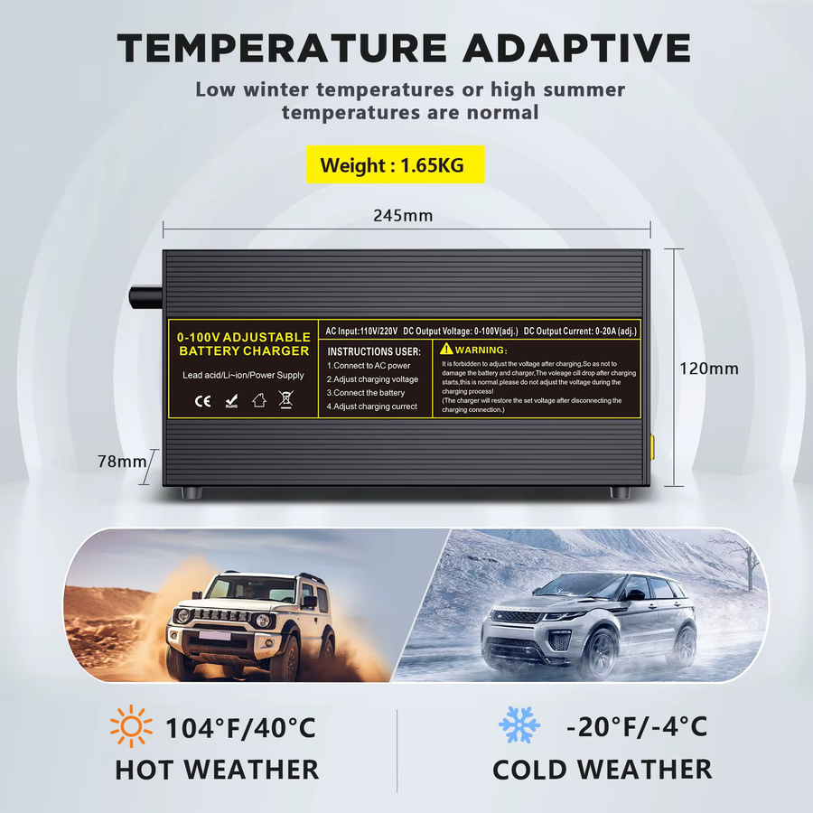 Einstellbares Hochleistungs-Ladegerät für LiFePO4 Batterien mit 20A und 40A, kompatibel mit 12V, 24V, 48V, 72V, 84V und 100V - Bild 5