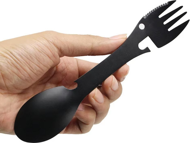 LISM Multifunktions-Spork aus Edelstahl in Schwarz Matt mit Dosenöffner und Flaschenöffner als tragbares Camping-Multitool - Bild 1