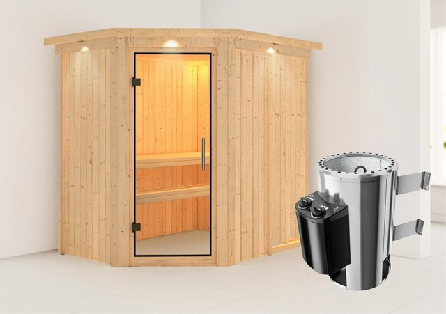 Karibu Sauna Silva mit Ofen, integrierter Steuerung und LED-Dachkranz in Natur - Bild 1