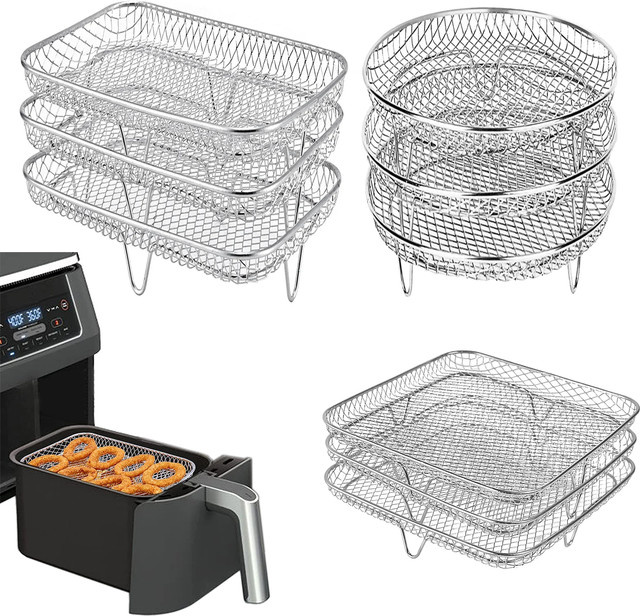 WIKHOSTAR Stapelbares Luftfritteuse Zubehör Set aus Edelstahl in Silber, 3-lagiges Rack für Heißluftfritteusen - Bild 1