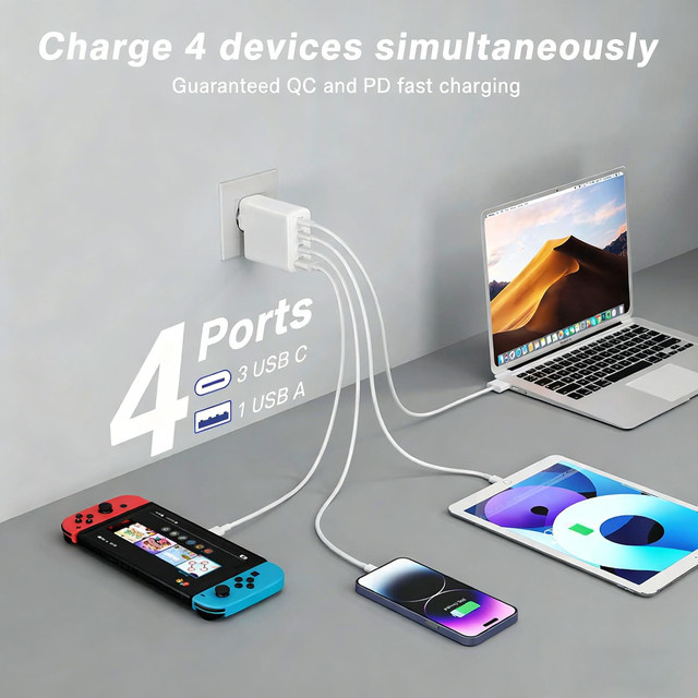 OBHO 100W GaN Schnellladegerät mit 4 Ports (3C1A) in Weiß, PD und PPS Wandadapter für MacBook, iPad und iPhone - Bild 1