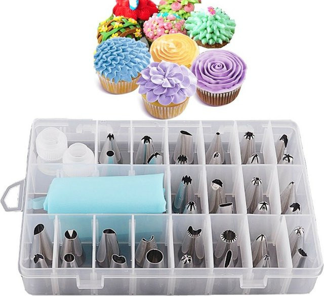 24-teiliges Set aus Edelstahl-Spritzdüsen und pinkfarbenen Spritzbeuteln zum Dekorieren von Kuchen und Backwerk - Bild 1