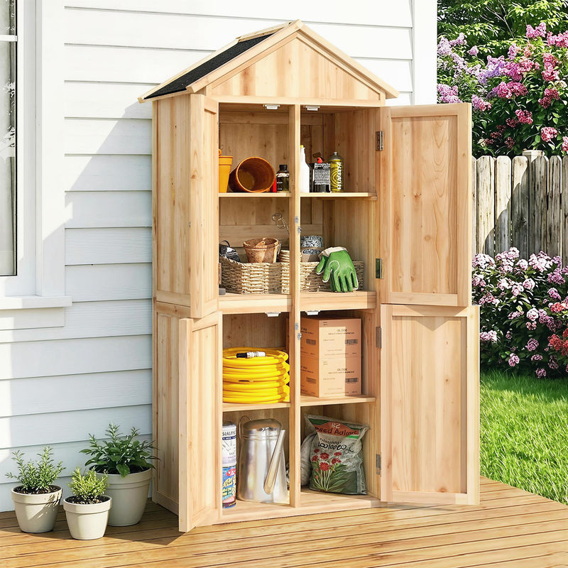 Outsunny Gartenschrank aus Tannenholz in Naturholz mit Asphaltdach und Magnettüren, abschließbarer Geräteschuppen für Garten und Terrasse, B/T/H: 82 x 50 x 190 cm - Bild 2