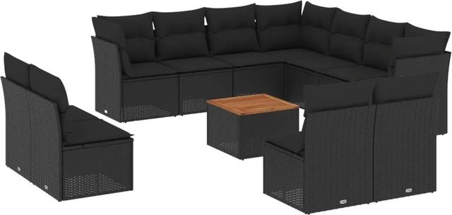 vidaXL 12-tlg Garten-Sofagarnitur Modell 45 aus Polyrattan in Schwarz mit Tisch und Kissen - Bild 1