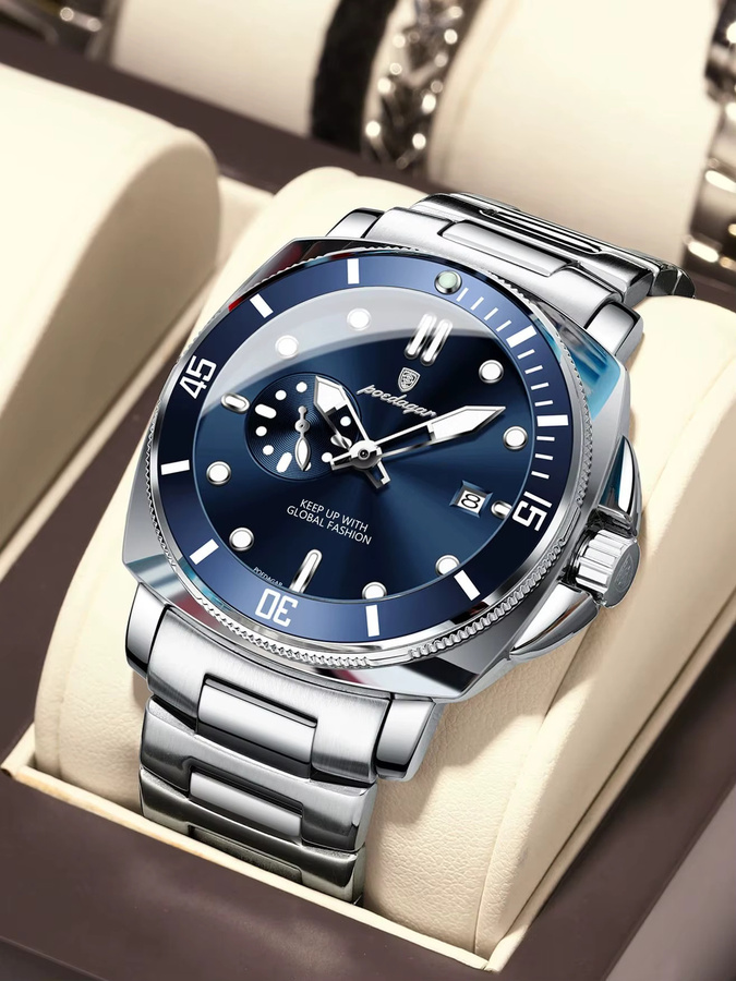 POEDAGAR Armbanduhr Quarz, Edelstahl, Blau, Herren - Bild 7