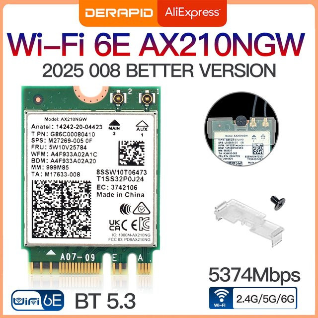 DERAPID WiFi 6E AX210 Wireless-Karte mit Bluetooth 5.3, Tri-Band 2,4 GHz/5 GHz/6 GHz, 5374 Mbit/s Hochgeschwindigkeits-Netzwerkadapter AX210NGW für Windows 10/11 - Bild 1