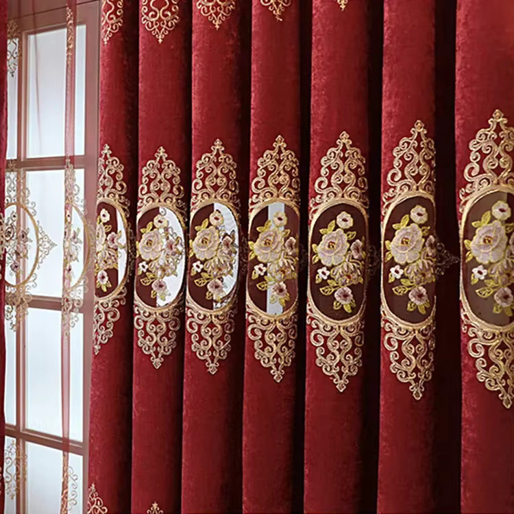Verdunkelungsvorhang mit goldener Blumenstickerei in Rot und Transparent, Black Ant Tüllvorhang für Wohnzimmer und Büro, Höhe: 240 cm, Breite: 100 cm - Bild 5