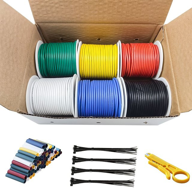 Silikon-Elektrodraht Set mit verzinnter Kupferleitung in 6 Farben, 18 AWG, einadrig, inklusive Werkzeug - Bild 1