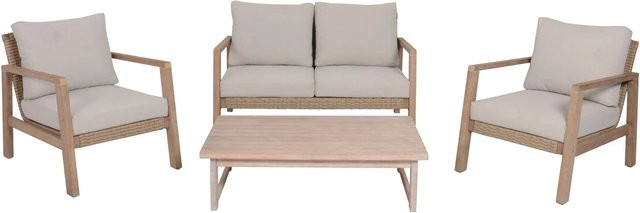 DELUKE Gartenloungeset LUCILE 4-tlg. aus Eukalyptusholz und Kunststoffgeflecht mit Kissen in Weißbraun - Bild 1