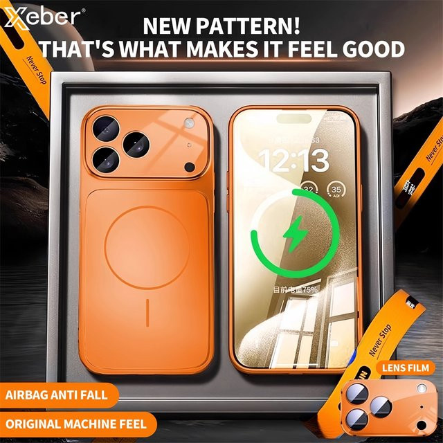 Xeber Stoßfeste MagSafe Handyhülle mit mattem Glas und Fenster für iPhone 17, Air 16, 15, 14, 13 Pro Max in Silver und Orange - Bild 1