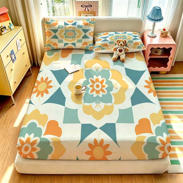 3-teiliges Vintage Bohemian Spannbettlaken-Set mit geometrischem Blumenmuster in Multicolour, B/B/H: 90 x 191 x 0 cm - Bild 1