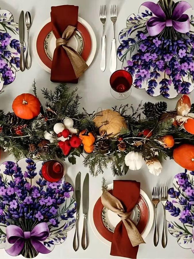 VIKAMA 4-teiliges Tischset Lavendelstrauß mit gewellten Kanten und lila Schleifenmuster in Multicolor - Bild 5