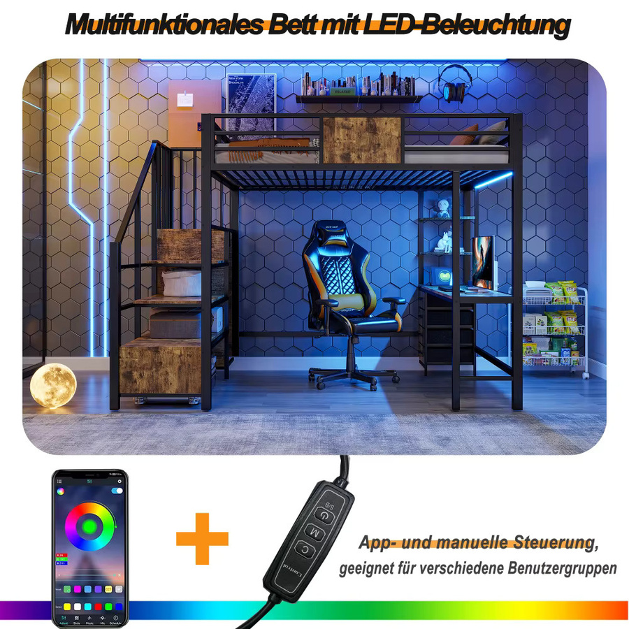 Multifunktionales Metall-Hochbett in Schwarz mit integriertem Schreibtisch, Kleiderschrank, Staufächern, LED-Beleuchtung und USB-Steckdose, B/T: 140 x 200 cm - Bild 2