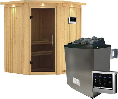 Karibu Sauna Narva in Beige mit 9 kW Saunaofen und externer Steuerung für 3 Personen, B/T/H: 202 x 184 x 165 cm - Bild 1