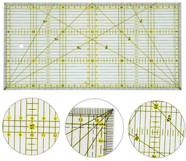 Quilter-Lineal aus Acryl mit doppelten farbigen Gitterlinien für Patchwork und Nähen, Transparent/Schwarz, B/H: 30 x 15 cm - Bild 1