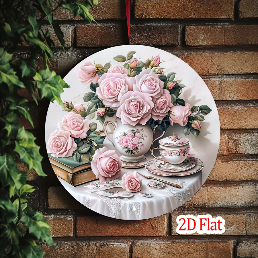 Potdemiel Vintage Wandschild aus Aluminium mit rosa Rosen, rundes Metall-Dekoschild für Garten und Hof, Durchmesser: 20,3 cm - Bild 4