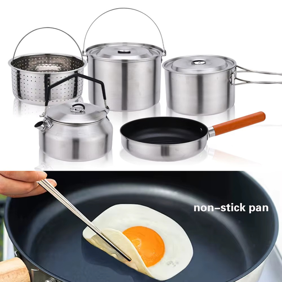 Pandatour Camping-Kochgeschirr-Set aus Edelstahl in Silber mit Topf, Pfanne und Wasserkocher - Bild 2