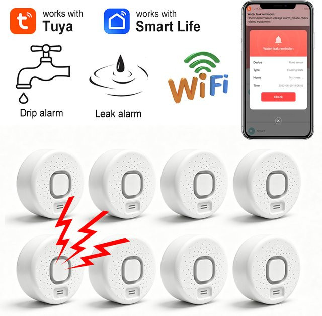 Tuya WiFi Wasserleck-Sensor Smart Home Flutdetektor mit APP-Fernalarm und Soundalarm in Weiß - Bild 1