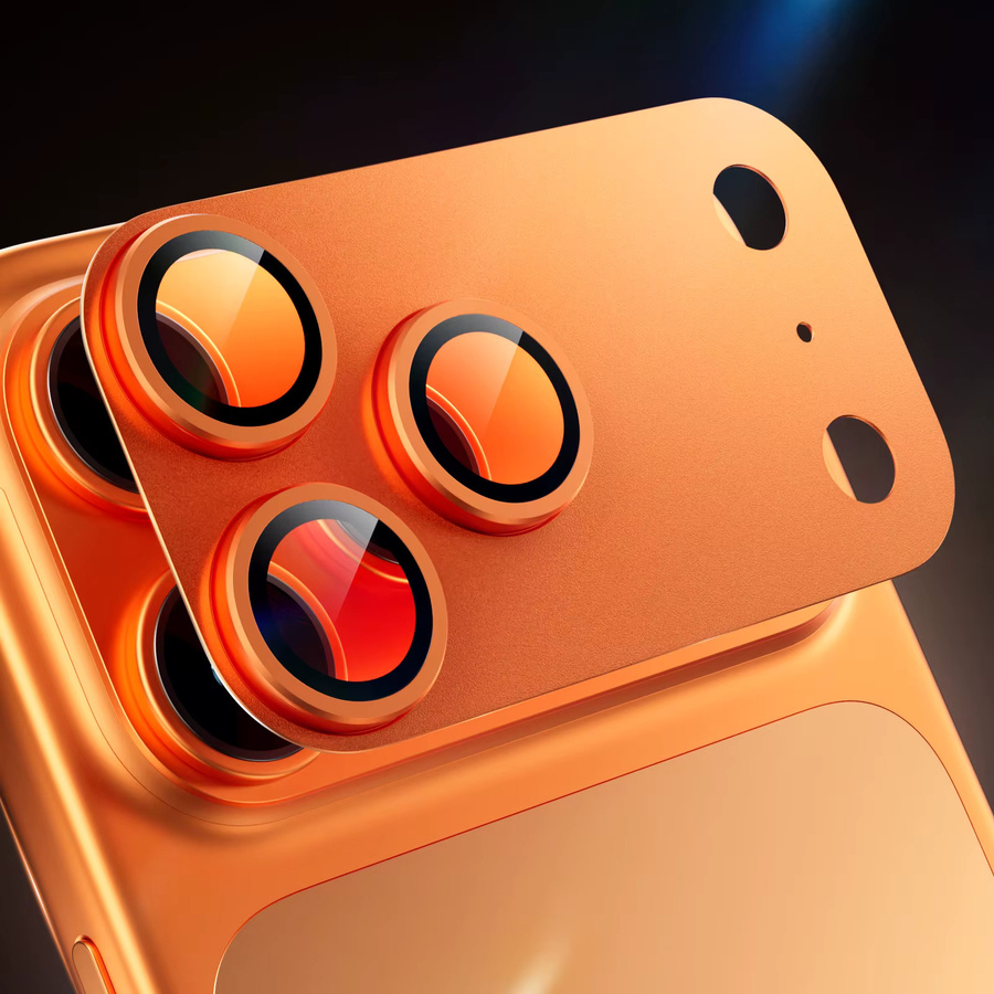 Objektivschutzhülle aus Metall und gehärtetem Glas für Apple iPhone 17 Pro Max und iPhone 17 Air, Farbe: Schwarz/Orange - Bild 2