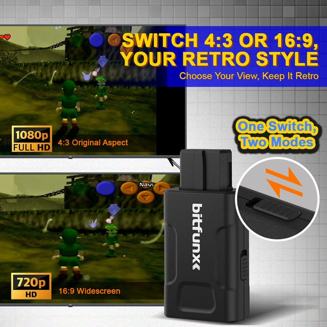 Bitfunx SV Composite AV-zu-HDMI Konverter in Schwarz für N64, SNES, SFC und NGC Spielekonsolen mit 720P und 1080P Unterstützung - Bild 1