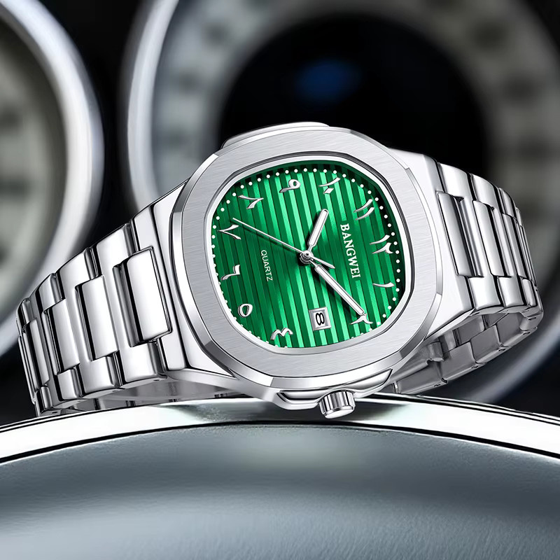 BANGWEI Armbanduhr Quarz, Edelstahl, Grün, Silber, Herren - Bild 3