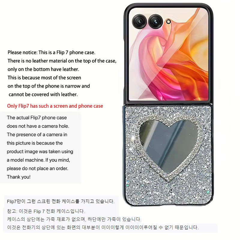 Glitzernde Leder-Handyhülle mit Strasssteinen und Herz-Spiegel für Samsung Galaxy Z Flip (Modelle: 3, 4, 5, 6, 7, 8, FE) in Schwarz - Bild 3