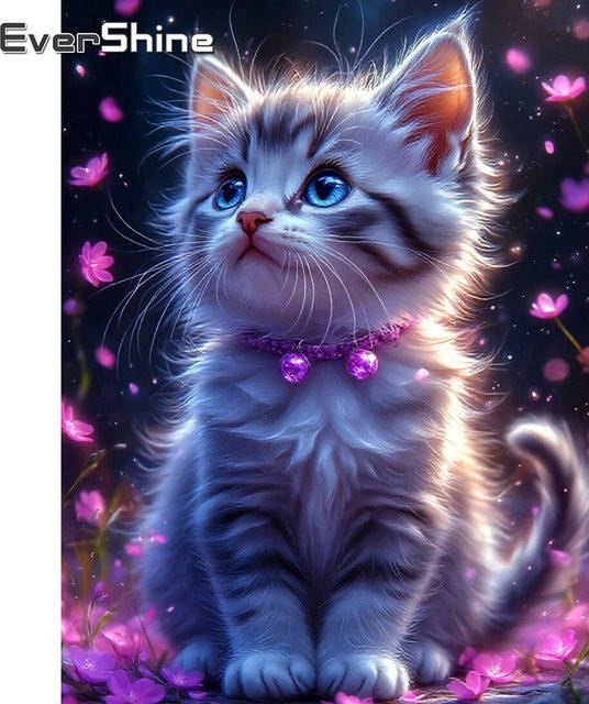 Evershine Diamantmalerei DIY Kit Katze mit Blumen als 5D Mosaik Stickerei in Multicolour, B/H: 30 x 30 cm - Bild 1