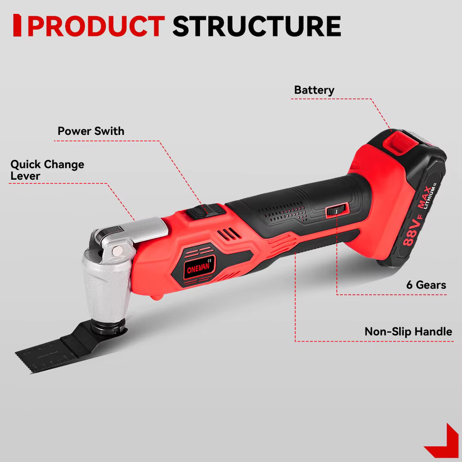 ONEVAN Elektrisches Oszillierendes Multi Tool mit 6 Gängen, Akku-Trimmer zum Polieren und Schneiden, kompatibel mit Makita 18 V LXT Akkus, Rot - Bild 2