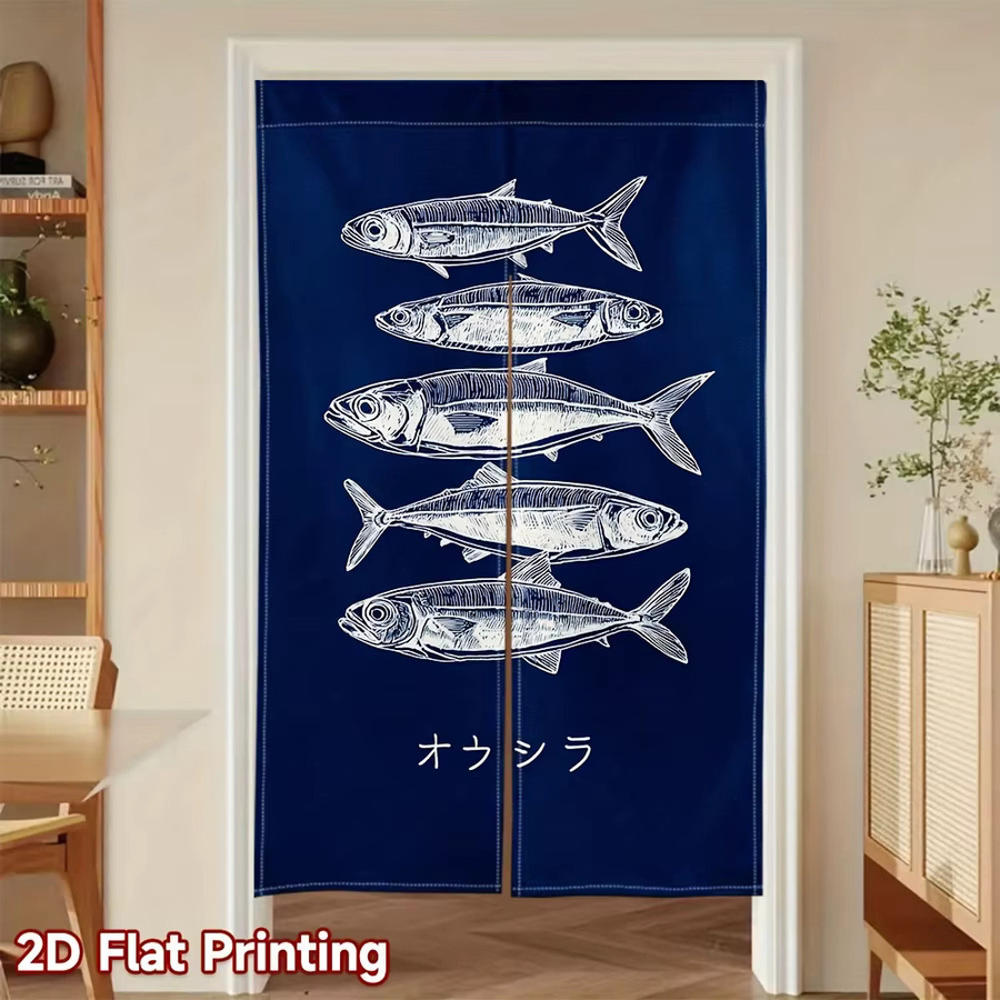 VIKAMA Japanischer Türvorhang mit Fischblock-Print in Blau, minimalistischer Trennvorhang für Eingangsbereich und Küche, Breite: 90 cm, Höhe: 65 cm - Bild 4