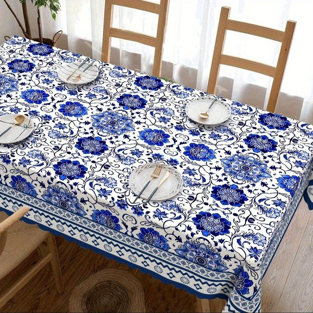 Rechteckige Tischdecke von JMG Household Supplies mit blau-weißem floralem Blätter- und geometrischem Blumenmuster, B/T: 145 x 200 cm - Bild 1
