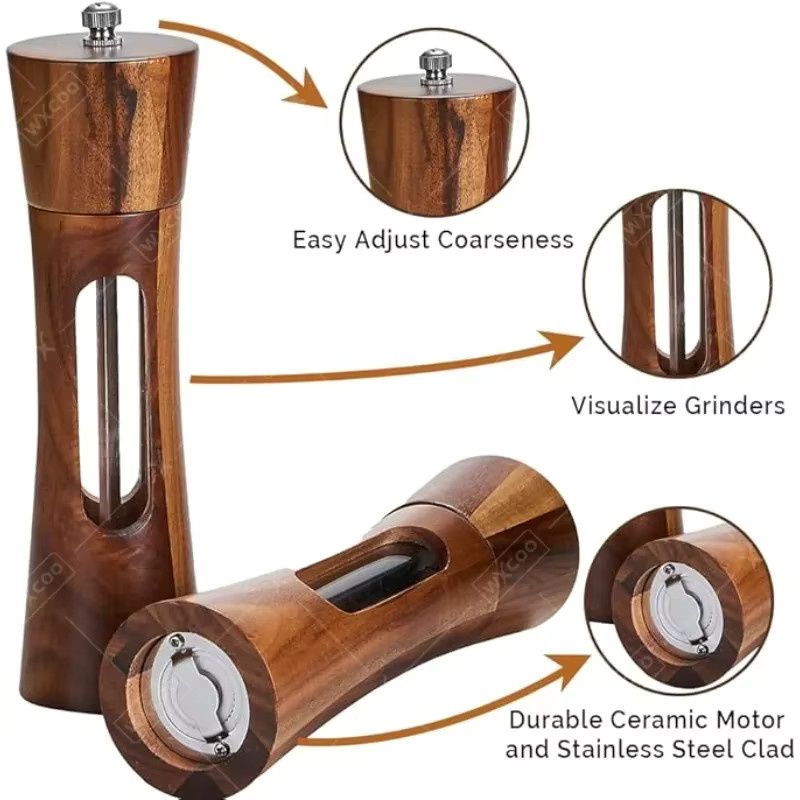 WXCOO Manuelle Salz- und Pfeffermühle aus massivem Holz in Braun mit verstellbarem Keramik-Mahlwerk, rund - Bild 5