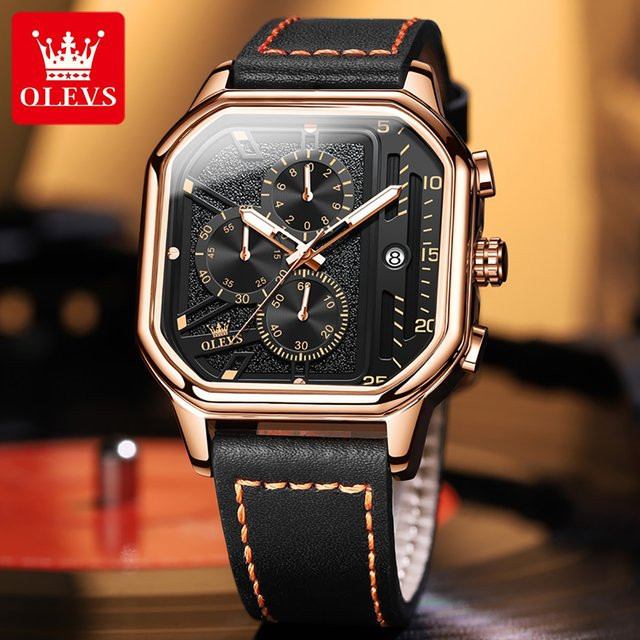 OLEVS Chronograph, Armbanduhr, Leder, Roségold, Schwarz, Herren - Bild 1