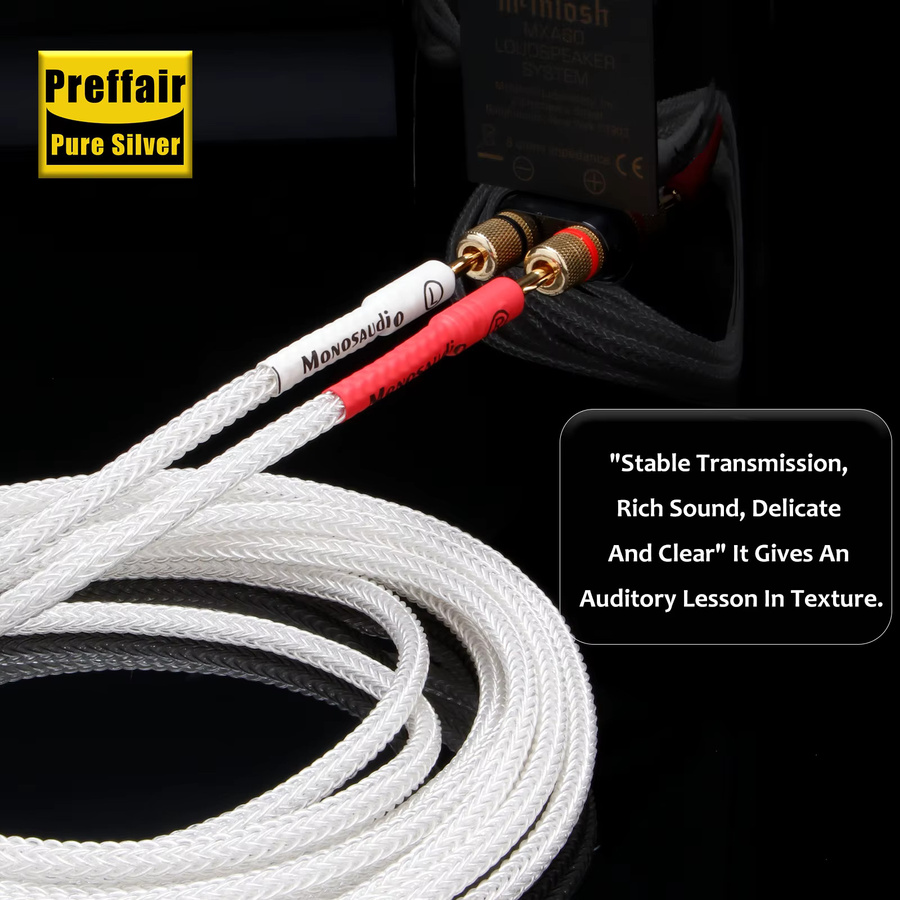 Monosaudio HiFi-Lautsprecherkabel aus reinem Silber mit Reinkupfer-Bananensteckern in Weiß - Bild 5
