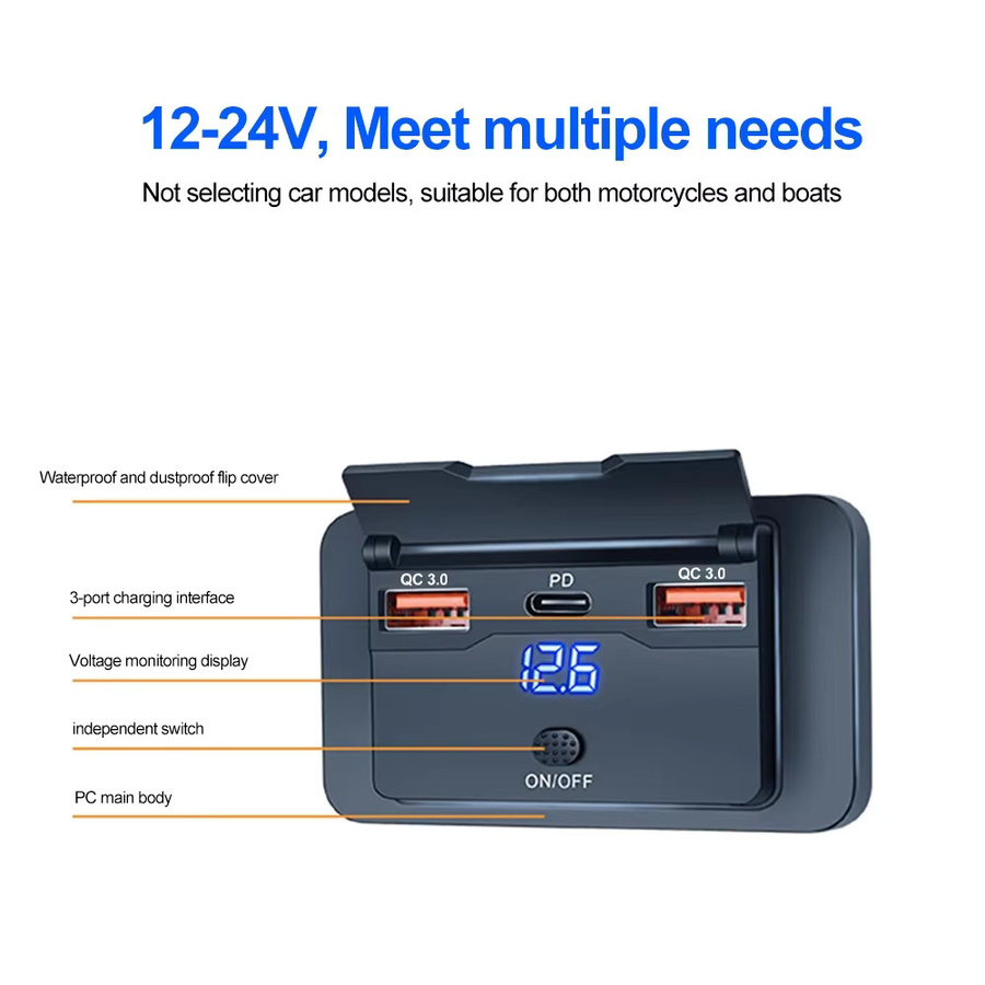 kebidumei Auto-USB-Adapter-Steckdose mit Spannungsanzeige und Schnell-Ladeanschluss in Schwarz für Auto, Bus, Wohnmobil und LKW (12/24V) - Bild 3