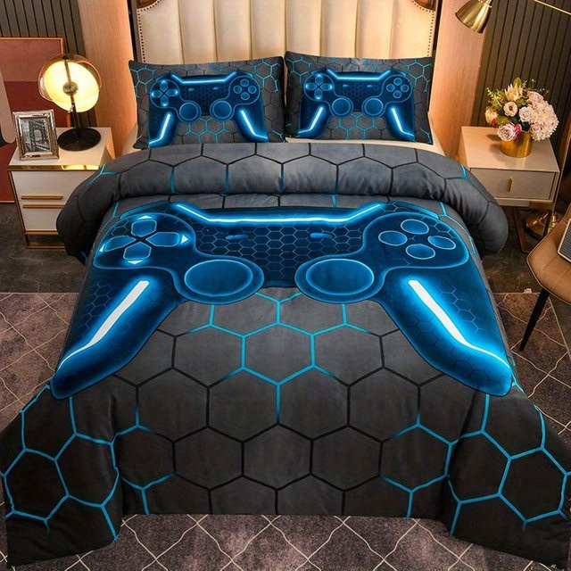 Binchi Outdoor Product Bettwäsche-Set mit 3D Gaming Geometrisch Design für Kinder, Mikrofaser, Blau, B/T: 135 x 200 cm - Bild 1
