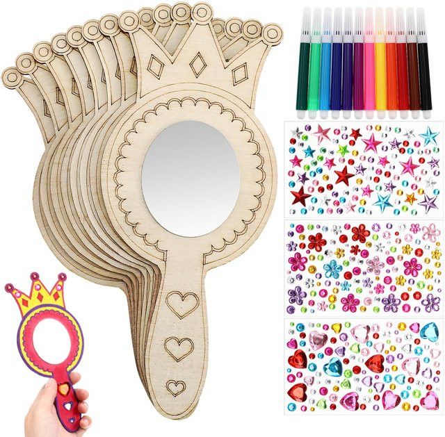 8er Set NOTIONSLAND Holzspiegel zum Basteln für Kinder mit Pinsel als DIY Dekoration und Geschenk für Geburtstage - Bild 1