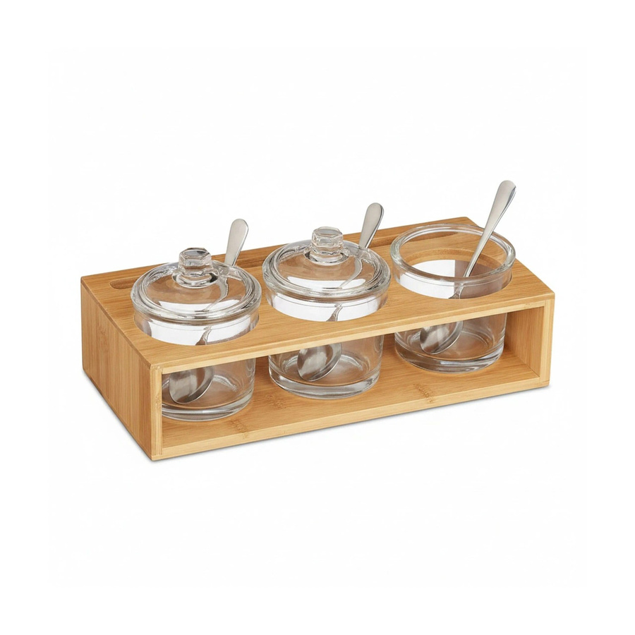 Relaxdays Gewürzgläser Set aus Glas und Bambus mit Löffeln, Natur und Silber, B/T/H: 27 x 13 x 11 cm - Bild 2