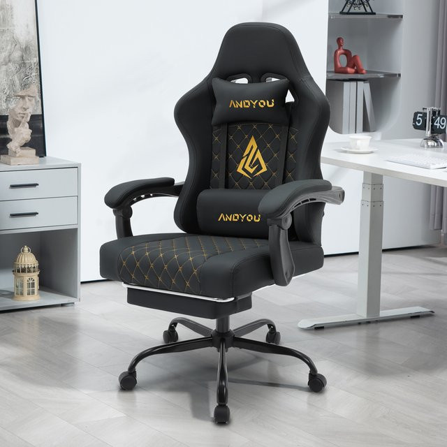 ANDYOU Ergonomischer Gaming Chair im Racing-Style aus PU-Leder, Schwarz, mit Kopfstütze und Armlehnen - Bild 1