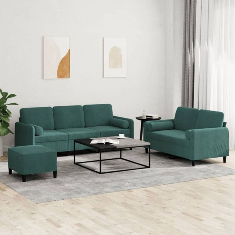 Vidaxl 3-tlg. Sofagarnitur mit Kissen in Dunkelgrün aus Samt im modernen Design - Bild 1