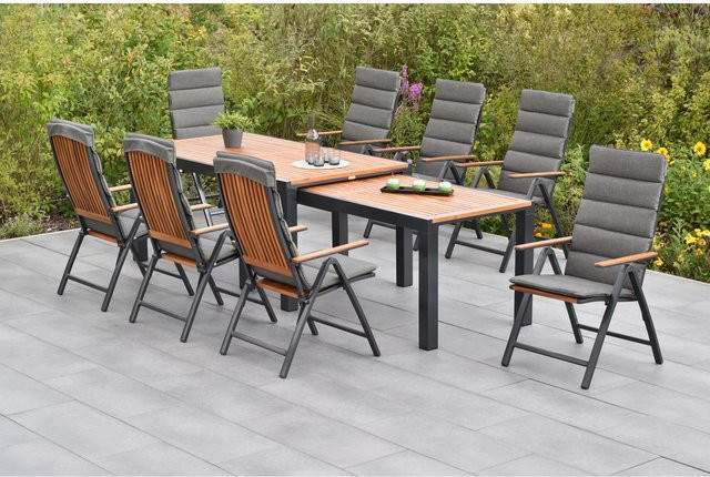 Merxx Athos 17-tlg. Gartentisch-Set aus Akazienholz und Aluminium mit grauen Kissen, ausziehbar, B/T: 180 bis 360 x 100 cm - Bild 1