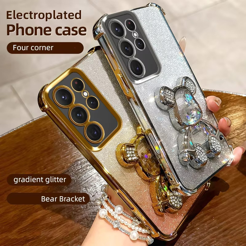Stoßfeste Samsung Galaxy Handyhülle mit Glitzer Bär Design und Ständer für Galaxy S25 Ultra, S24 FE, S23 Plus, S22 und S21 in Silber/Multicolour - Bild 2