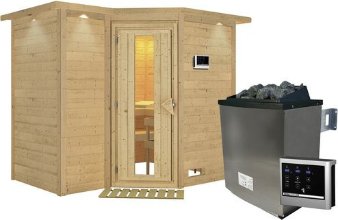 Karibu Sauna Riga 2 aus Fichtenholz in Beige inklusive 9 kW Saunaofen mit externer Steuerung für 4 Personen, B/T/H: 264 x 198 x 212 cm - Bild 1