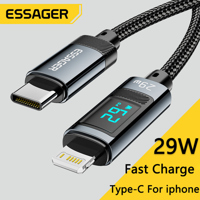 Essager USB Typ C auf Lightning Schnellladegerät PD 29 W mit Digitalanzeige für iPhone und iPad in Schwarz oder Grau - Bild 1