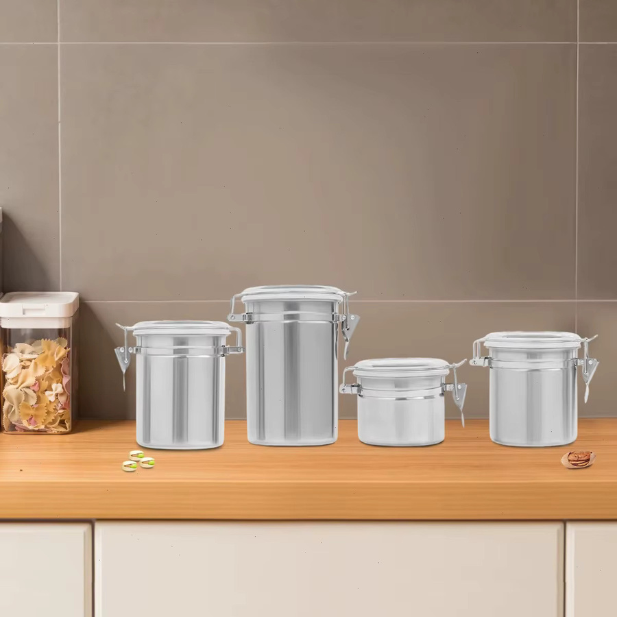 Bymaocar 4er-Set Edelstahl-Aufbewahrungsbehälter mit Kunststoffdeckel in Silber, Durchmesser: 10 cm, Volumina: 575 ml, 820 ml, 950 ml und 1300 ml für Kaffee, Tee, Zucker oder Mehl - Bild 3