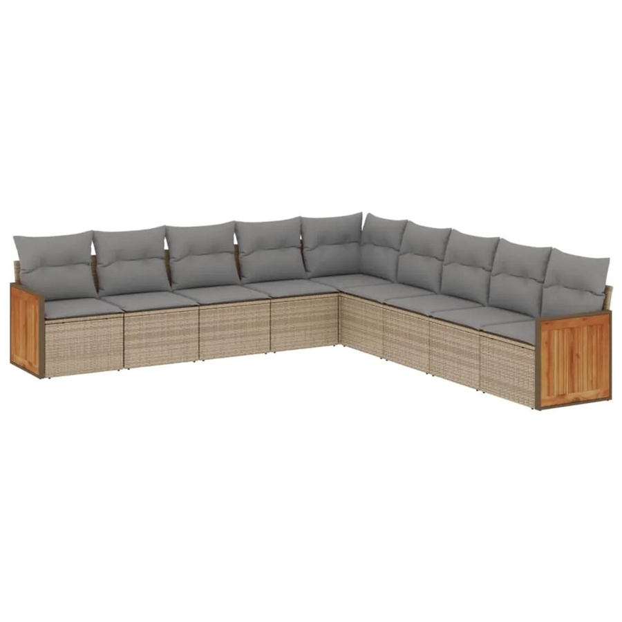 vidaXL 9-tlg. Garten-Sofagarnitur in L-Form aus Poly-Rattan und Akazienholz mit Kissen in Beige-Grau - Bild 2