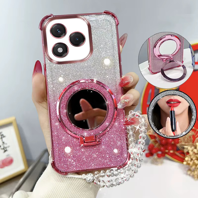 Stoßfeste Handyhülle mit Spiegelständer und Perlenarmband für Huawei Honor 400 Lite Pro und 400 Lite in Pink mit Glitzer-Effekt - Bild 1